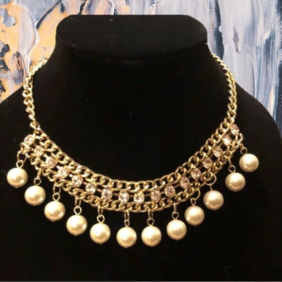 Vintage Shiny Collar Necklace with Dangling Faux Pearls - Picture 3 of 5